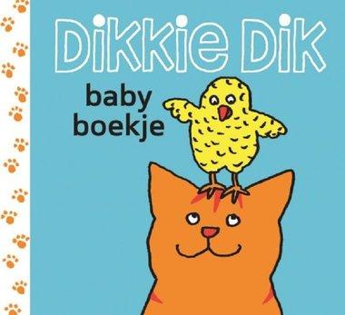 Boek: Dikkie Dik babyboekje. Cover: Geel kuikentje op Dikkie Dik zijn kop.